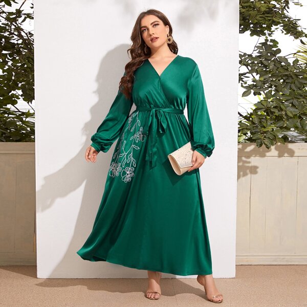 

Plus Floral Embroidered Lantern Sleeve Belted Satin Dress, Green