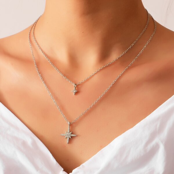 

Rhinestone Decor Layered Necklace, Silver