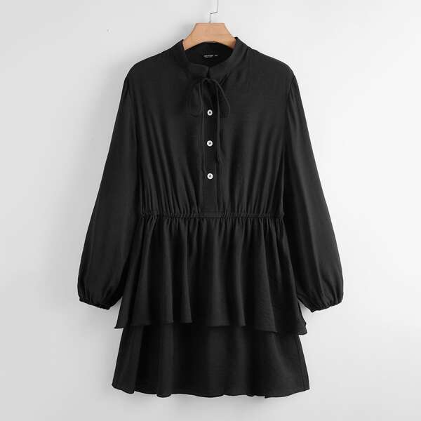 

Plus Tie Neck Half Button Layered Hem Dress, Black