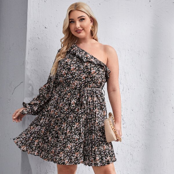 

Plus All Over Floral Print One Shoulder Belted A-line Dress, Multicolor