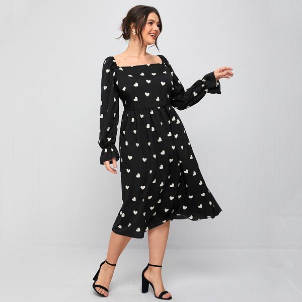 

Plus Allover Heart Print Square Neck Dress, Black
