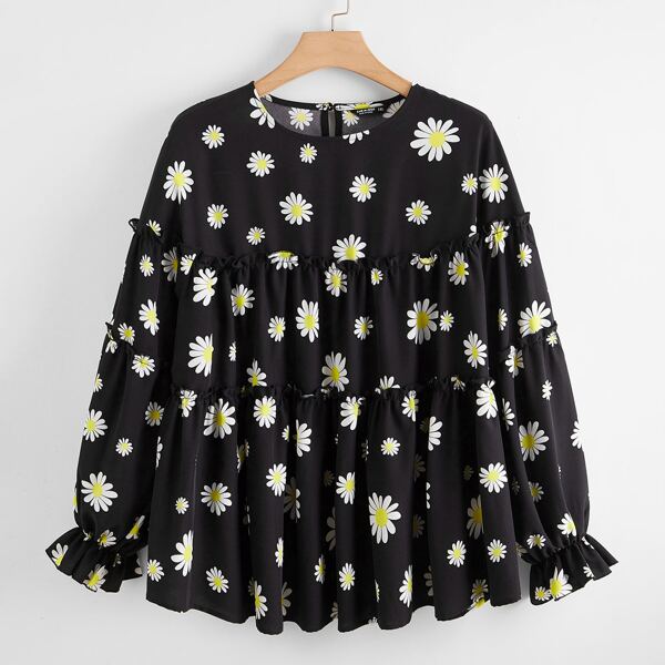 

Plus All Over Floral Print Smock Blouse, Black