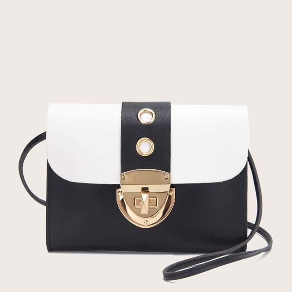 

Color Block Eyelet Decor Flap Crossbody Bag, Black