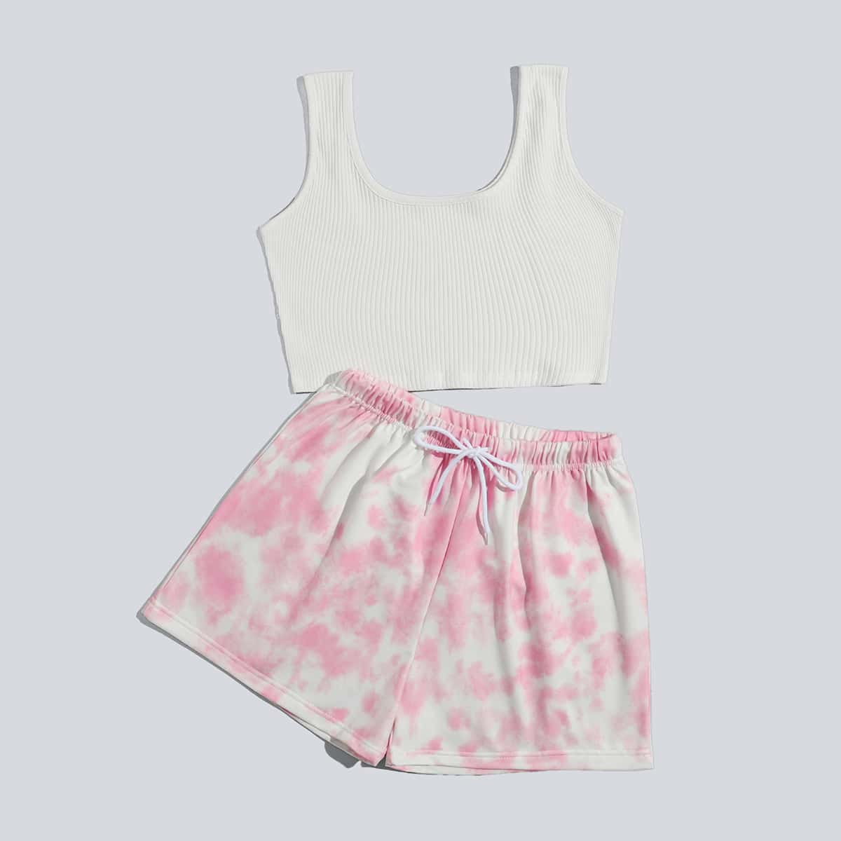 

Solid Ribbed Tank Top & Tie Dye Shorts, Multicolor