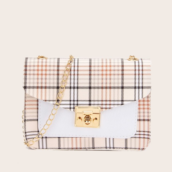 

Twist Lock Plaid Pattern Chain Bag, Beige