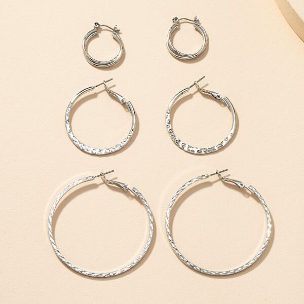 

3pairs Textured Hoop Earrings, Silver