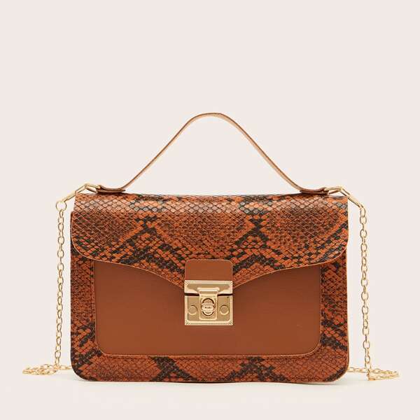 

Snakeskin Print Twist Lock Satchel Bag, Brown