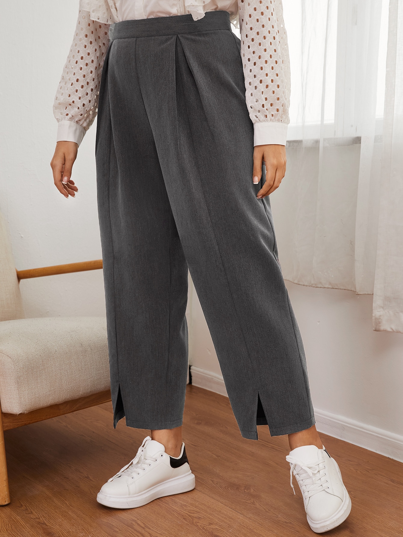 Plus Fold Pleated Split Hem Pants thumbnail