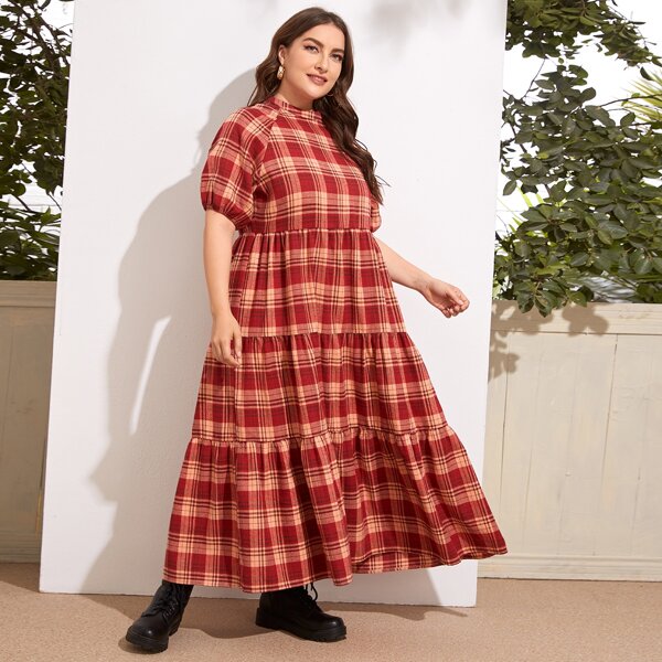 

Plus Puff Sleeve Tiered Hem Tartan Dress, Multicolor