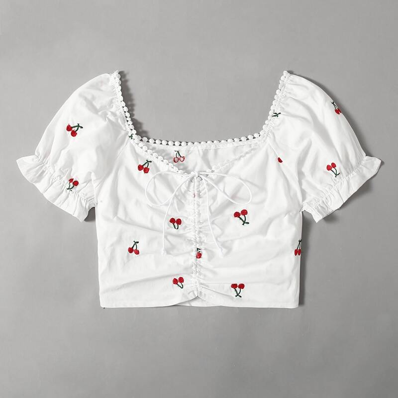 

Cherry Embroidery Drawstring Crop Top, White