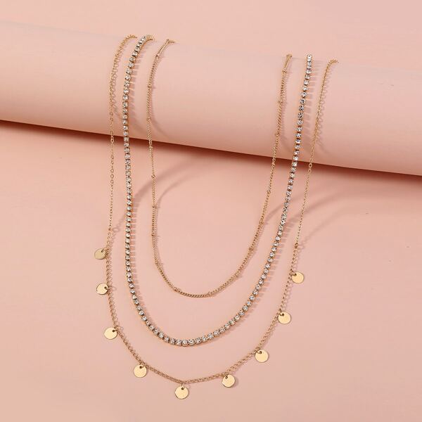 

3pcs Rhinestone & Round Decor Necklace, Gold