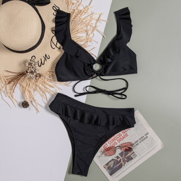 

Ruffle Trim Ring Linked Bikini Swimsuit, Black