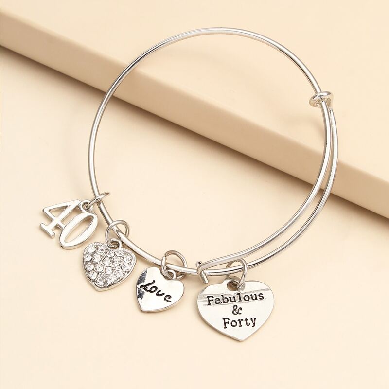

Rhinestone Heart Charm Bangle, Silver