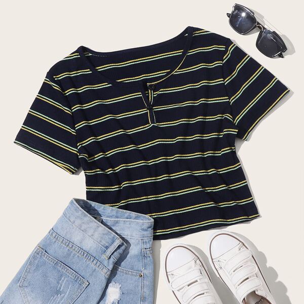 

Plus Striped Print Button Detail Tee, Black