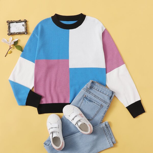 

Girls Drop Shoulder Colorblock Sweater, Multicolor