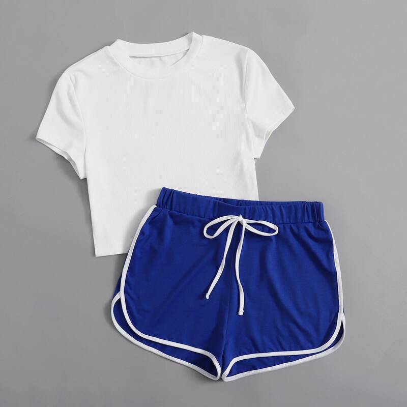 

Solid Ribbed Tee & Tie Front Dolphin Shorts, Blue and white