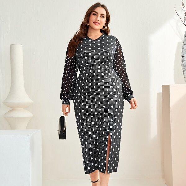 

Plus Sheer Chiffon Sleeve Split Hem Polka Dot Dress, Black
