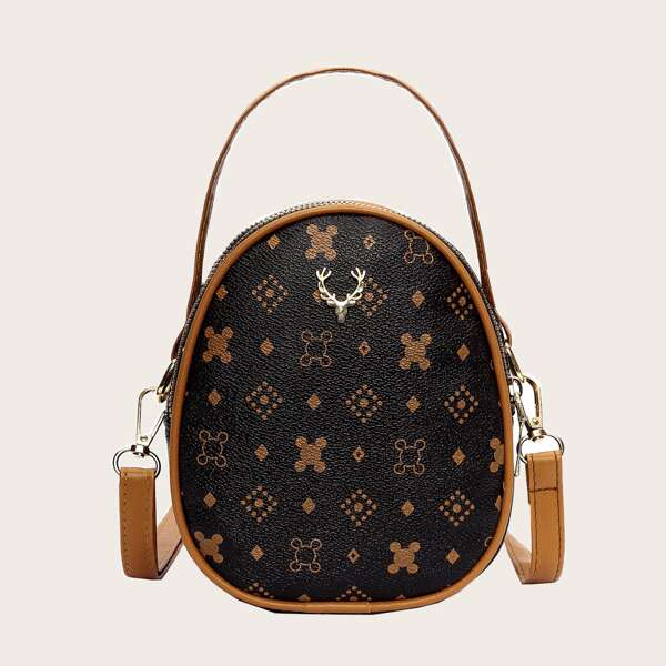 

Geometric Graphic Satchel Bag, Coffee brown