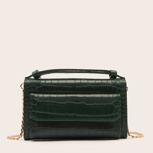 

Croc Embossed Flap Chain Satchel Bag, Dark green