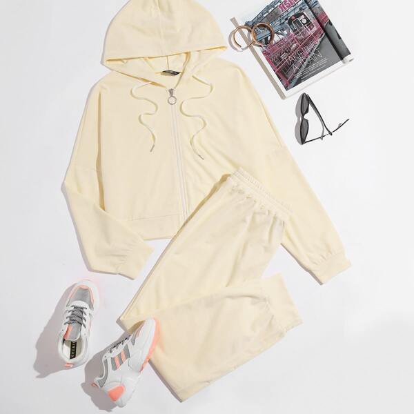 

Plus Zip Up Drawstring Hoodie With Sweatpants, Beige