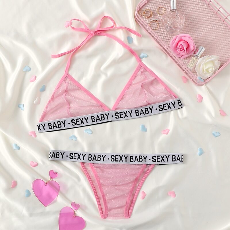 

Letter Tape Glitter Mesh Lingerie Set, Pink