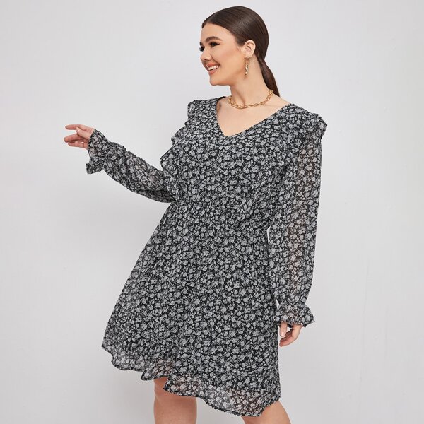 

Plus Ditsy Floral Ruffle Trim A-line Dress Without Belt, Multicolor