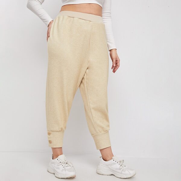 

Plus Solid Buttoned Hem Sweatpants, Beige
