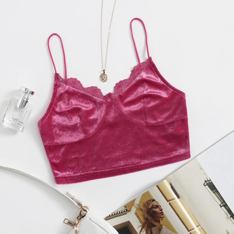 

Lace Trim Velvet Crop Cami Top, Pink