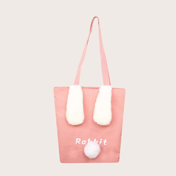 

Girls Pom Pom Decor Cartoon Design Shopper Bag, Pink