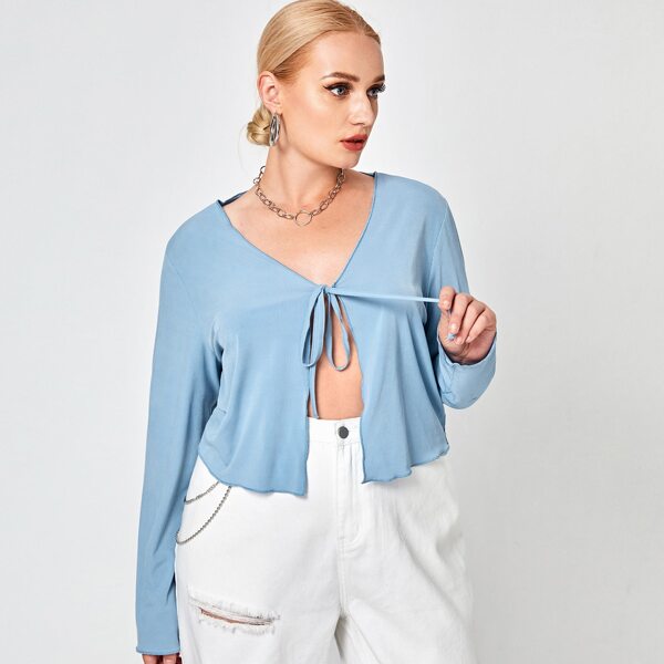 

Plus Solid Tie Front Top, Blue
