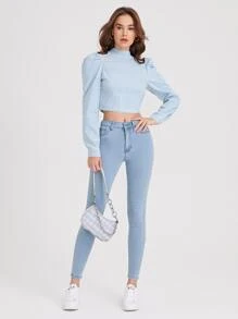 SHEIN Frenchy 淺色水洗彈力緊身牛仔褲 - 淺色水洗藍 - 查看 4