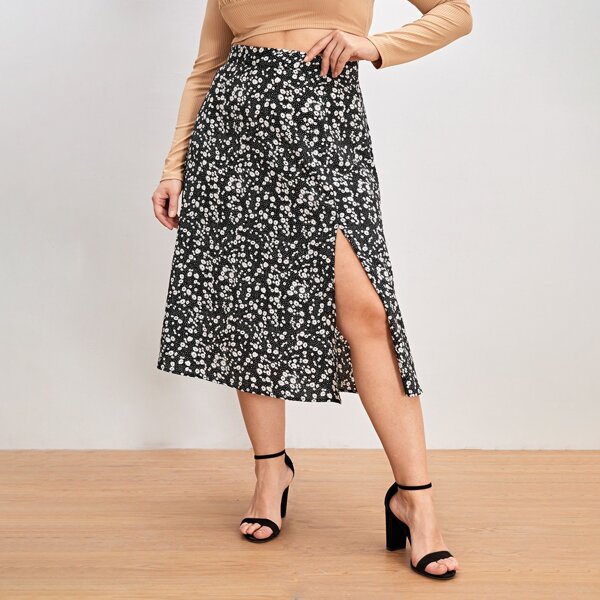 

Plus Ditsy Floral Split Thigh Skirt, Black and white
