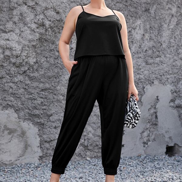 

Plus Solid Cami Top & Carrot Pants, Black