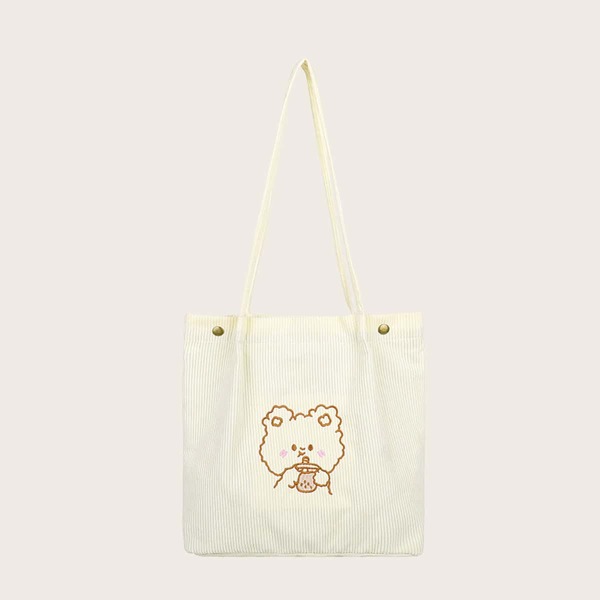 

Girls Cartoon Embroidered Tote Bag, Beige