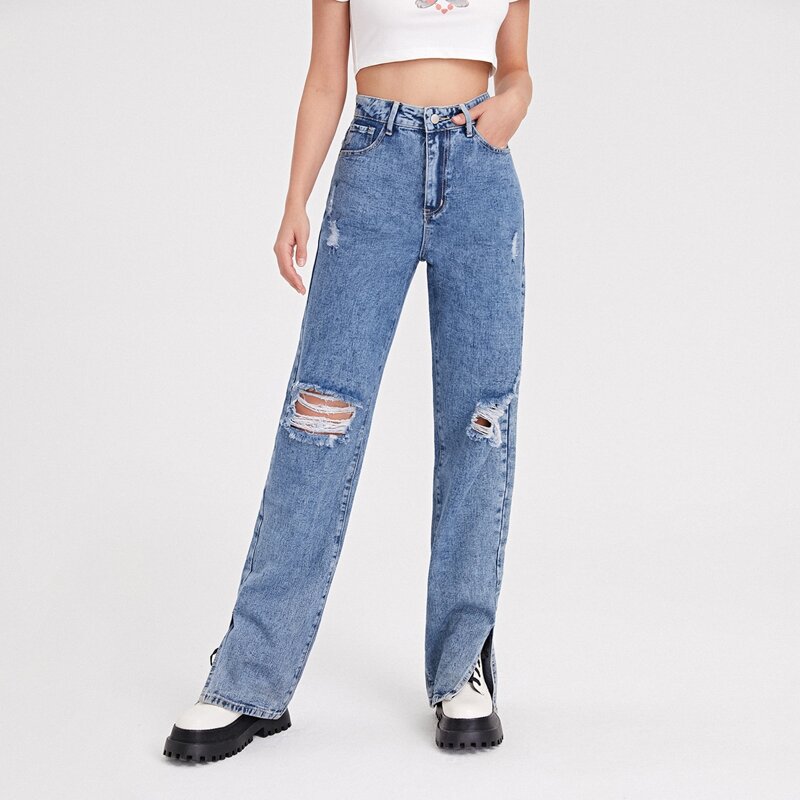 

High Waist Ripped Slit Hem Jeans, Medium wash