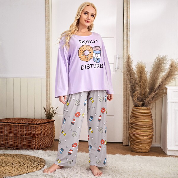 

Plus Letter & Cartoon Graphic PJ Set, Multicolor