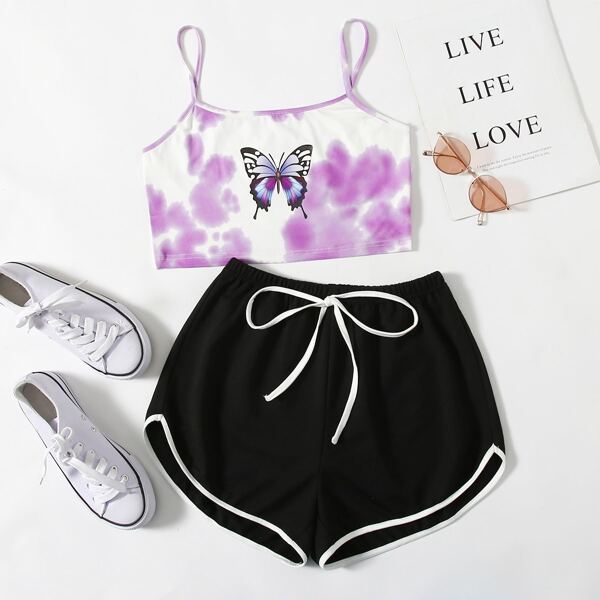

Tie Dye Butterfly Print Cami Top & Track Shorts, Multicolor