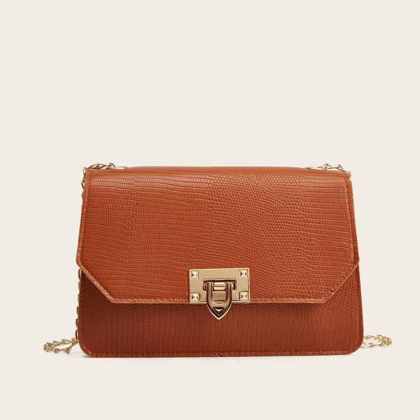 

Lizard Print Flap Chain Bag, Brown