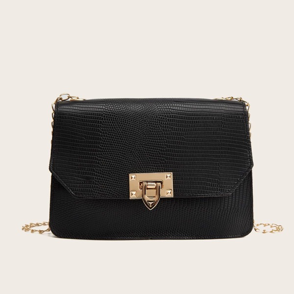 

Lizard Print Flap Chain Bag, Black