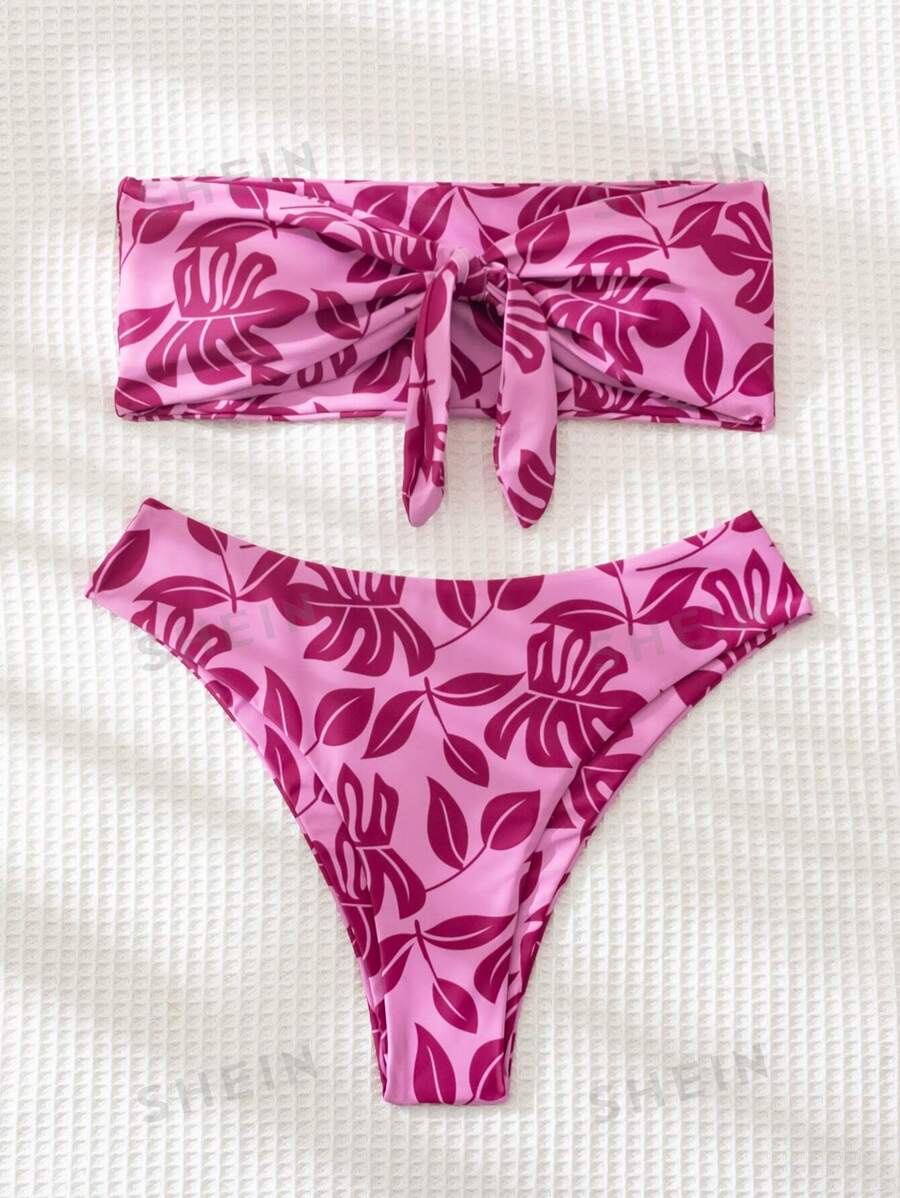 SHEIN Swim Summer Beach Tropical Print Bikini Set Knot Bandeau Bikini ...