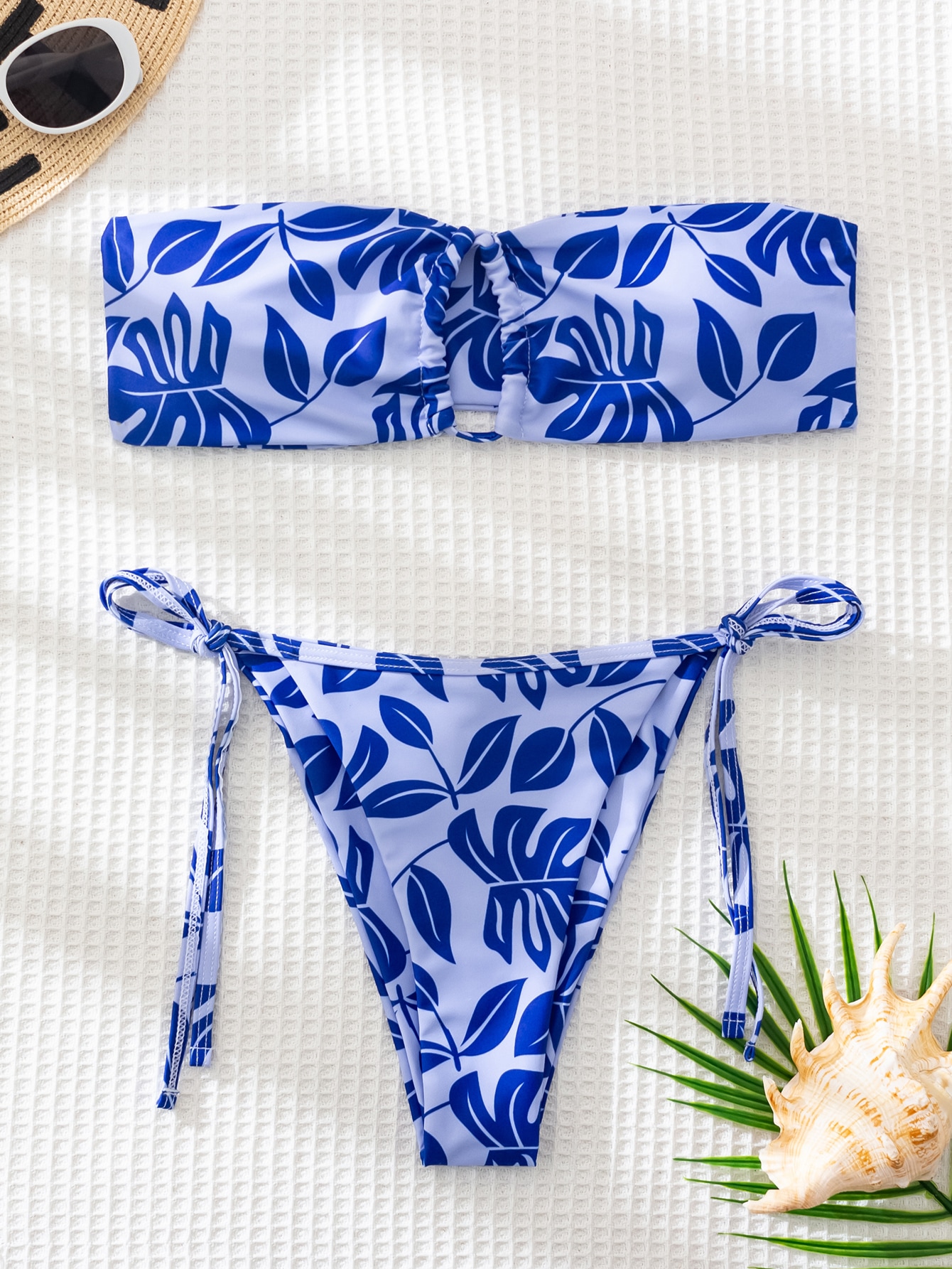 Leaf Print Cut Out Bandeau Bikini Swimsuit thumbnail