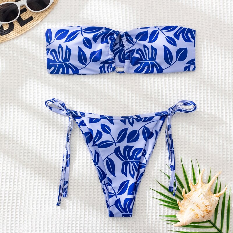 

Leaf Print Cut Out Bandeau Bikini Swimsuit, Blue