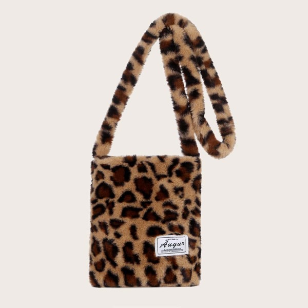 

Letter Patch Leopard Print Fluffy Crossbody Bag, Brown