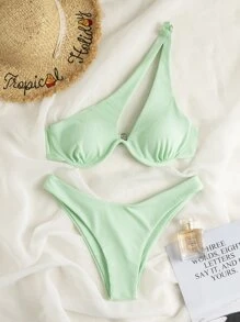 SHEIN Swim Rib Underwire One Shoulder Bikini Set Summer Beach - Mint Green - View 1