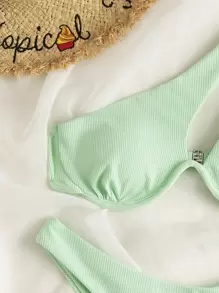 SHEIN Swim Rib Underwire One Shoulder Bikini Set Summer Beach - Mint Green - View 4