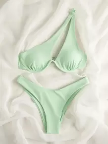 SHEIN Swim Rib Underwire One Shoulder Bikini Set Summer Beach - Mint Green - View 5