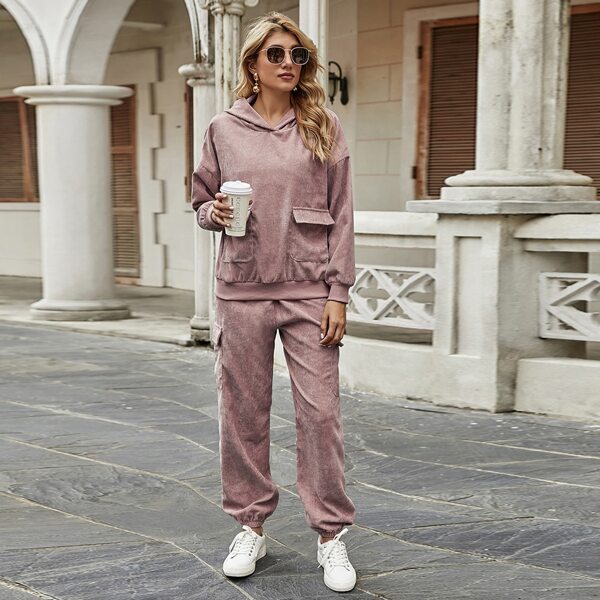 

Drop Shoulder Flap Pocket Cord Hoodie & Pants Set, Dusty pink