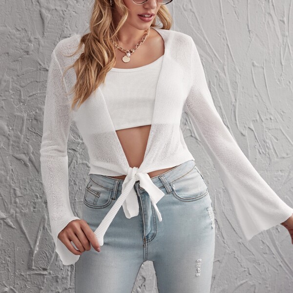 

Flounce Sleeve Tie Front Crop Cardigan, White