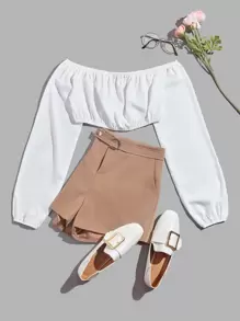 SHEIN Essnce 露肩短版上衣 - 白色 - 查看 1