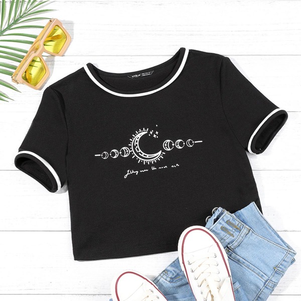 

Contrast Binding Moon Print Crop Tee, Black